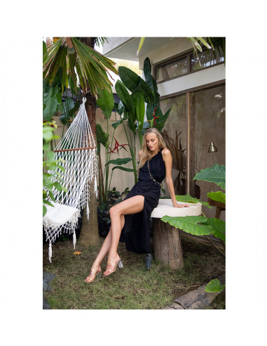 Black flowy maxi dress with asymmetric neckline and leg slit