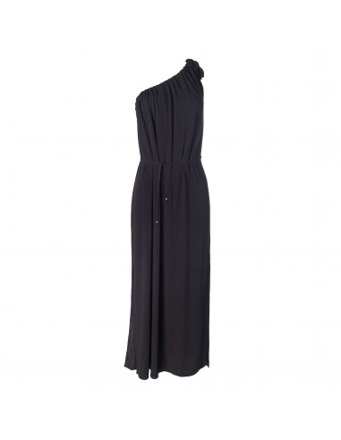 Maxikleid mit asymmetrischem Ausschnitt und Beinschlitz.